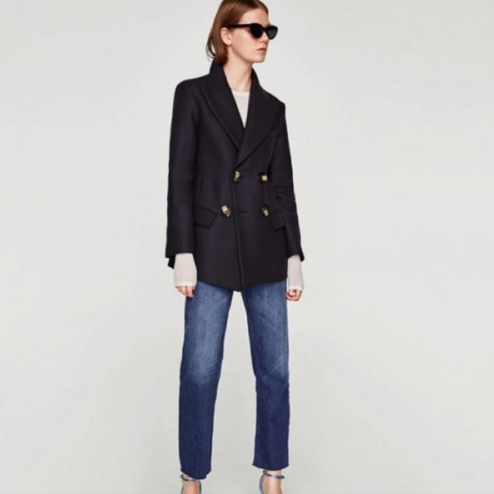ZARA NAVY BLUE/EGGPLANT DOUBLE BREASTED WOOL COAT JACKET